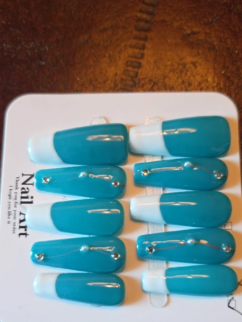 Turquoise Blue Nail Art Press-On Set with Rhinestones - Size Large